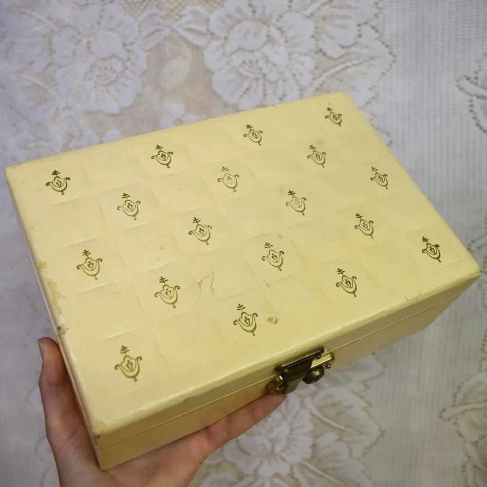 Vintage Jewelry Box Organizer Beige MCM Pink Satin Lined 2 Tier Cottage Glam